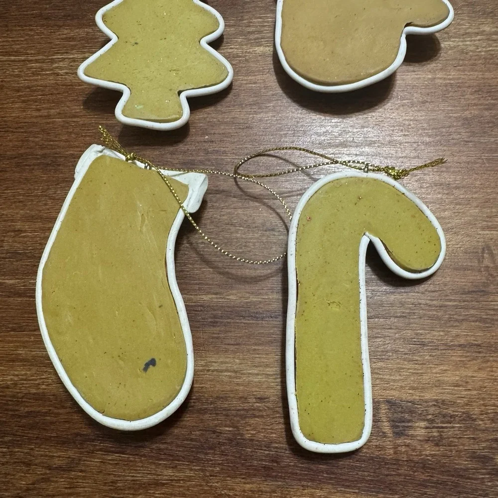 Set‎ Of 4 Christmas Ornaments Handmade Soft Clay - Stocking, Candy Cane, Tree